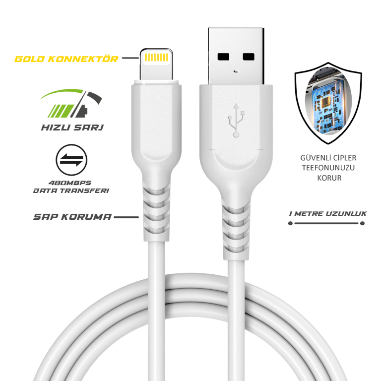 [EL100] Apple Lightning 1 metre  5/7/8/ x xs ve Plus Hızlı Şarj kablosu