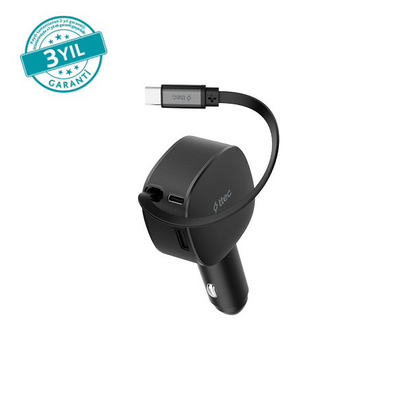2CKP07S ttec SmartCharger Trio PD 60W Araç Hızlı Şarj Aleti USB-C+USB-A + Dahili PD 30W 70cm USB-C Şarj Kablosu Siyah