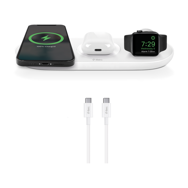 2KS16 ttec AirCharger Trio 3’ü 1 Arada iPhone + Apple Watch + AirPods Kablosuz Hızlı Şarj Aleti Beyaz