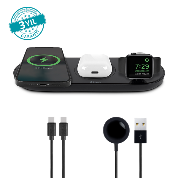 2KS16S ttec AirCharger Trio 3’ü 1 Arada iPhone + Apple Watch + AirPods Kablosuz Hızlı Şarj Aleti Siyah