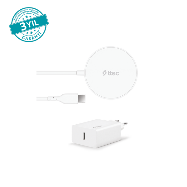 2KS30B ttec AirCharger M+ MagSafe Uyumlu Kablosuz Şarj Aleti ve PD 20W Seyahat Şarj Aleti Beyaz