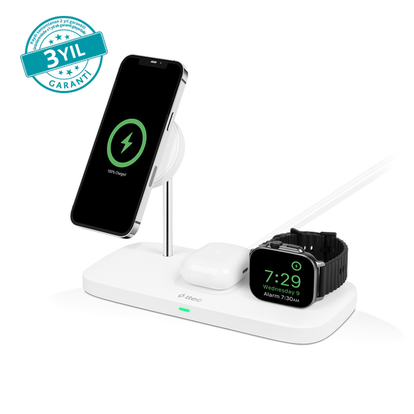 2KS32B ttec AirCharger Trio Up MagSafe Uyumlu 3ü 1 Arada iPhone + Apple Watch + AirPods Kablosuz Şarj Standı 