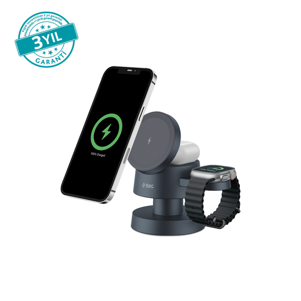 2KS36S ttec AirCharger Quattro Mini MagSafe Uyumlu 4’ü 1 Arada iPhone + Apple Watch + AirPods LED Aydınlatmalı Kablosuz Katlanabilir Şarj Standı - 2KS36S 