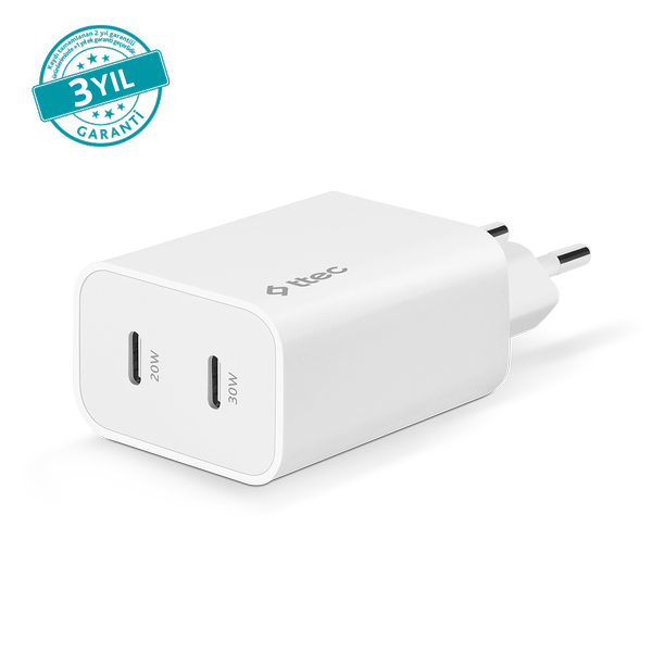 2SCG01B ttec SmartCharger Duo Pro GaN 50W PD Seyahat Hızlı Şarj Aleti USB-C + USB-C Beyaz