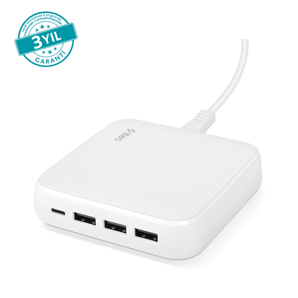 2SCG02B ttec SmartCharger Quattro GaN 65W PD Seyahat Hızlı Şarj Aleti USB-C + 3 USB-A Beyaz