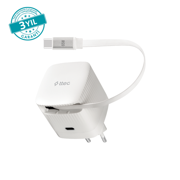 2SCG05B ttec SmartCharger Duo GAN 65W PD Seyahat Hızlı Şarj Aleti USB-C + Dahili PD 65W 70cm USB-C Şarj Kablosu 