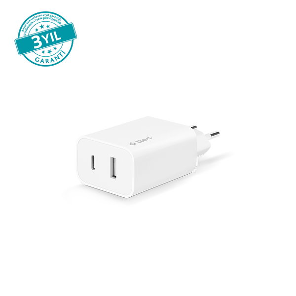 2SCS24B ttec SmartCharger Duo PD 32W Seyahat Hızlı Şarj Aleti USB-C + USB-A Beyaz