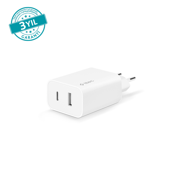 2SCS25B ttec SmartCharger Duo USB-C + USB-A 2.4A Seyahat Şarj Aleti Beyaz