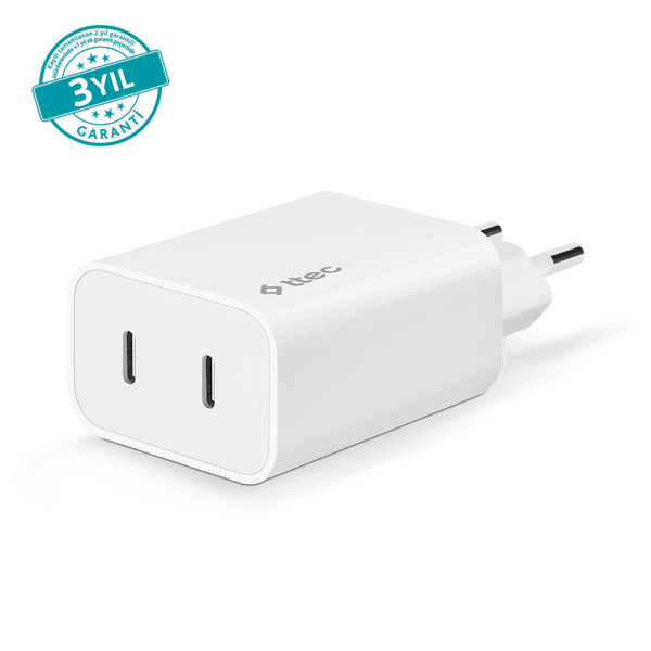 2SCS27B ttec SmartCharger Duo PD 40W Seyahat Hızlı Şarj Aleti USB-C + USB-C Beyaz