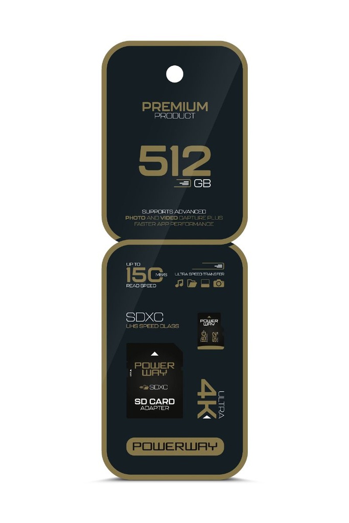 [512 GB PRM MICRO] Powerway Premium 512 GB SDXC UHS Class 4K Ultra Hızlı Hafıza Kartı + Adaptör