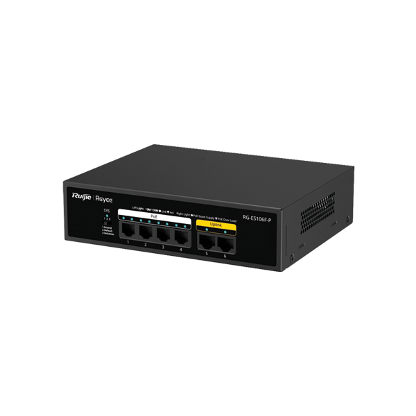 [RG-ES106F-P] Reyee RG-ES106F-P 6 Portlu, 10/100 Fast Ethernet, Tak Çalıştır Switch, 2 Fast Ethernet Uplink, 4 Port PoE+ (54W) 