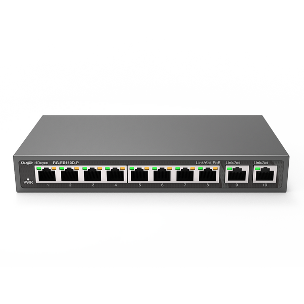 [RG-ES110D-P] Reyee RG-ES110D-P 10 Portlu, 10/100 Fast Ethernet, Tak Çalıştır Switch, 2 Gigabit Uplink, 8 Port PoE+ (110W) 