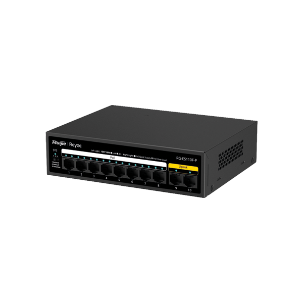 [RG-ES110F-P] Reyee RG-ES110F-P 10 Portlu, 10/100 Fast Ethernet, Tak Çalıştır Switch, 8 Port PoE+ (110W) 