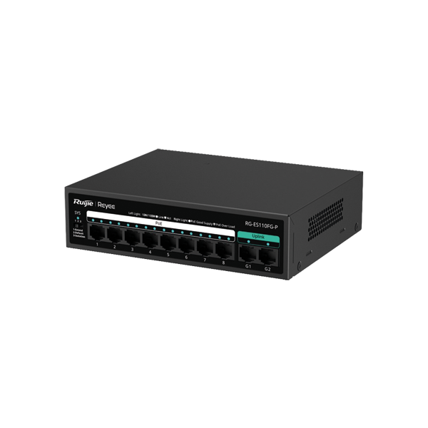 [RG-ES110FG-P] Reyee RG-ES110FG-P 10 Portlu, 10/100 Fast Ethernet, Tak Çalıştır Switch, 2 Gigabit Uplink, 8 Port PoE+ (110W) 