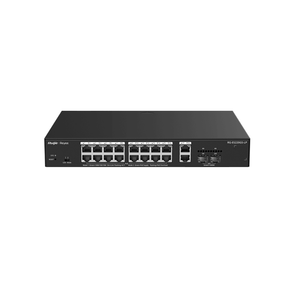 [RG-ES220GS-LP] Reyee RG-ES220GS-LP 20 Portlu, 10/100/1000 Gigabit, Yönetilebilir Switch, 2 SFP, 2 Gigabit RJ45 Uplink, 16 Port PoE+ (130W) 