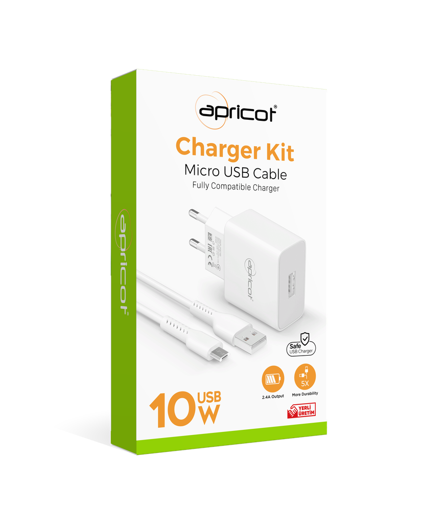 [39365] Apricot APC-U210M 2.4A Beyaz Micro USB +  Ev Şarj Adaptörü Seti