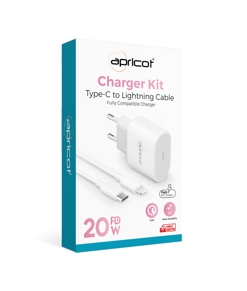 [39373] Apricot APC-PD20L Type-C 20W + Type-C to Lightning Beyaz Ev Şarj Adaptörü Seti