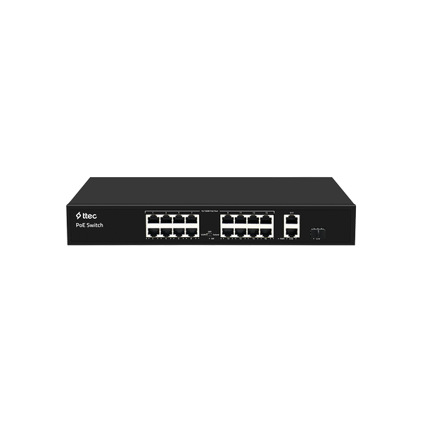[19300PG-1SFP] ttec 19300PG-1SFP 16 Portlu, 10/100 Fast Ethernet, Tak Çalıştır Switch, 2 Gigabit Uplink, 1 SFP, 16 Port PoE+ (300W) (TSS) 