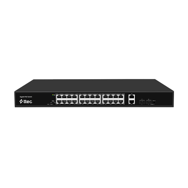 [28400PG-2SFP] ttec 28400PG-2SFP 24 Portlu, 10/100/1000 Gigabit, Tak Çalıştır Switch, 2 Gigabit Uplink, 2 SFP, 24 Port PoE+ (400W) (TSS) 
