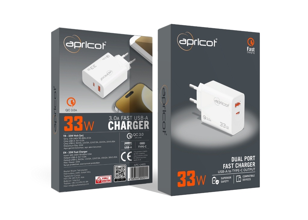 [40403] Apricot APC-U433 33Watt USB + PD Çıkışlı Beyaz Hızlı Ev Şarj Adaptörü