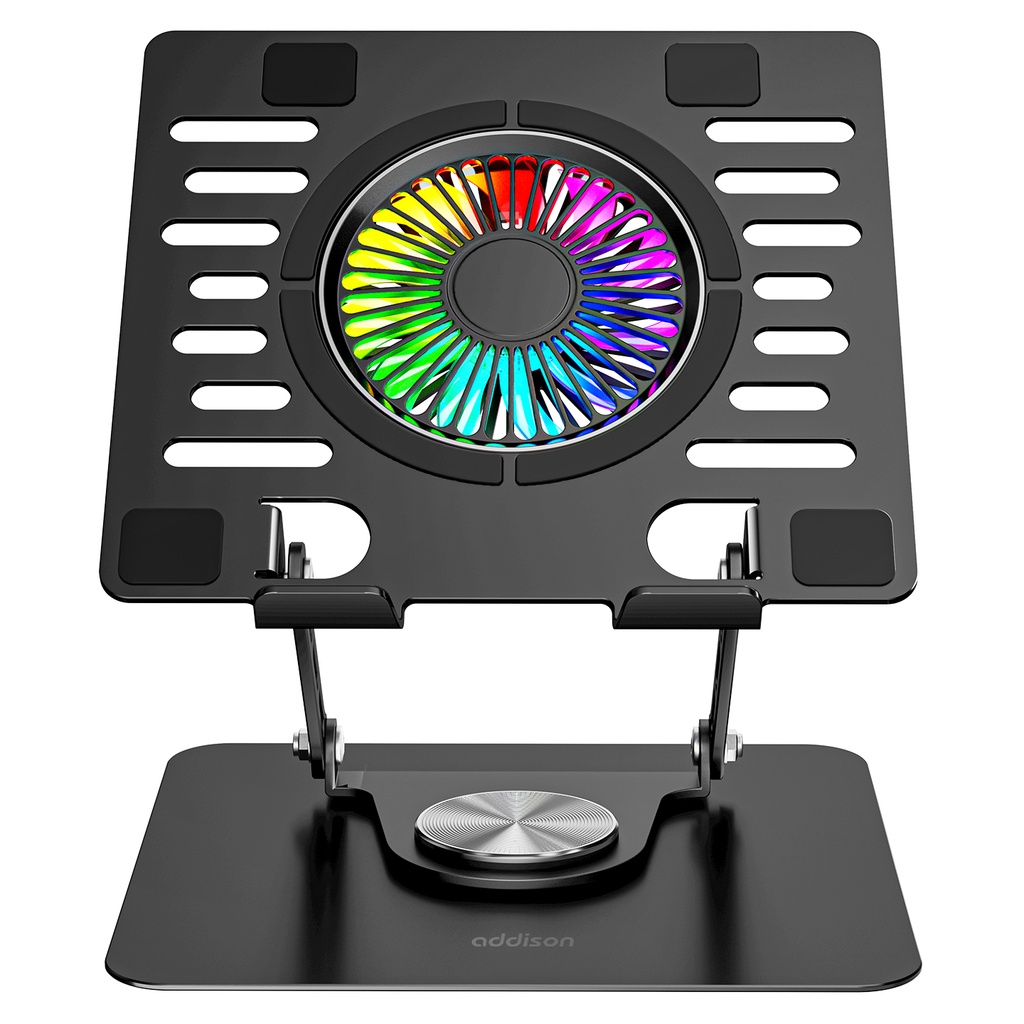 [40865] Addison AD-RC36 Steely 360 Derece Dönebilen Fanlı RGB Işıklı Ayarlanabilir Siyah Metal Laptop Stand