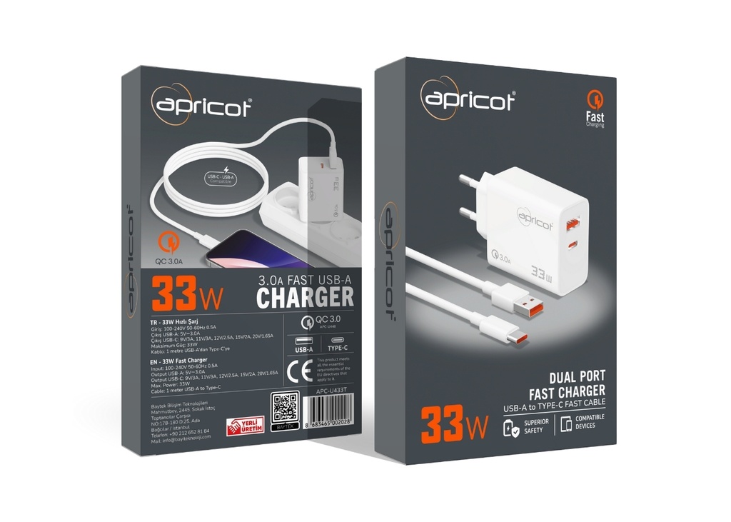 [40405] Apricot APC-U433T 33Watt USB + PD Çıkışlı Type-C Kablolu Beyaz Hızlı Şarj Seti